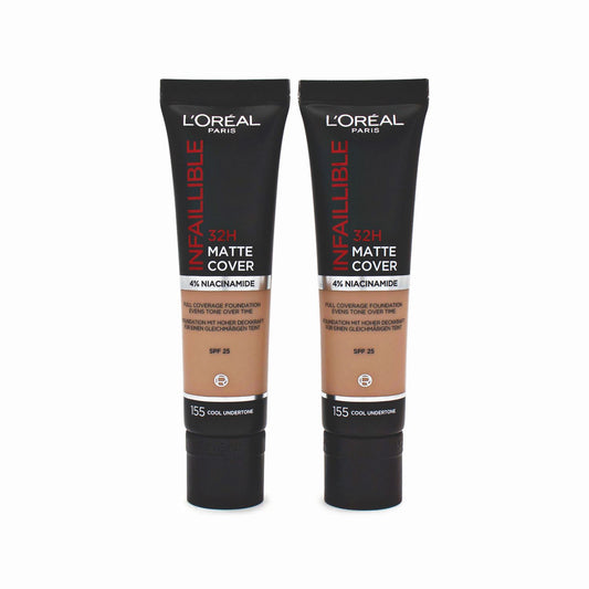 2 x Loreal 32hr Matte Foundation 30ml 155 Cool Undertone - Imperfect Container